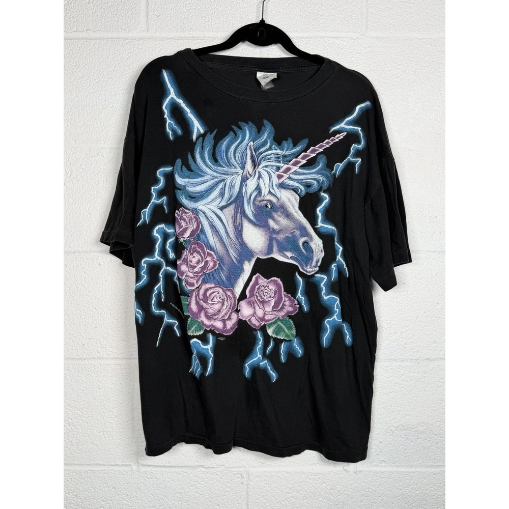 Vintage American Thunder Unicorn Tee XL Lightning Roses Fantasy 90s Y2K Goth